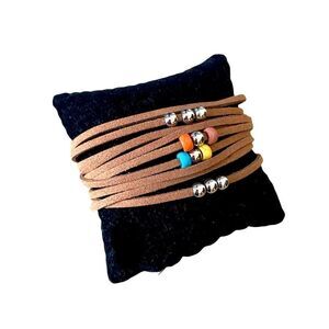 Boho Faux Suede Strands & Multicolor Bead  Adjustable Bracelet Silver Tone OSFM
